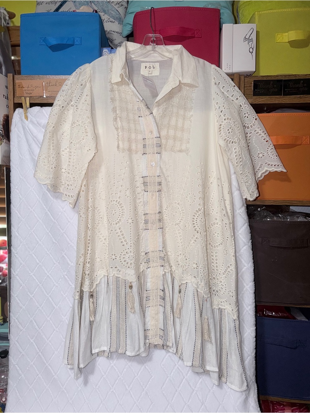 POL Cream Eyelet Button-Front Mini Dress - Picture 14 of 16